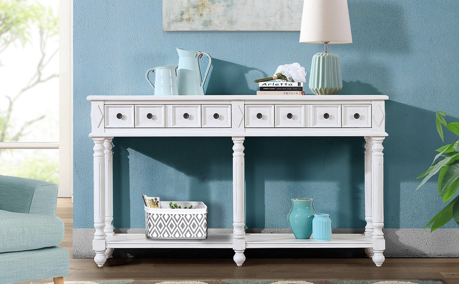 Retro Console Table Entryway Table 58" Long Sofa Table With 2 Drawers In Same Size And Bottom Shelf For Storage Antique White Antique White Solid Wood