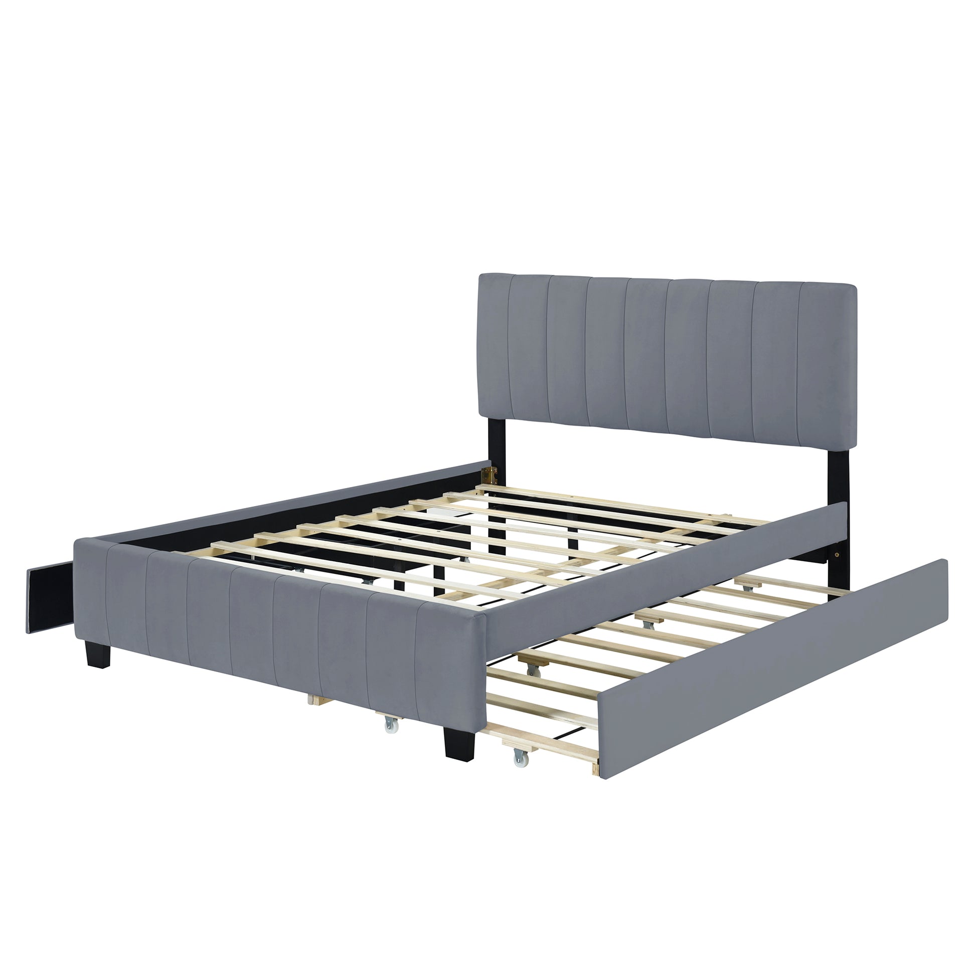 Queen Size Velvet Upholstered Platform Bed With 2 Drawers And 1 Twin Xl Trundle Gray Gray Upholstered