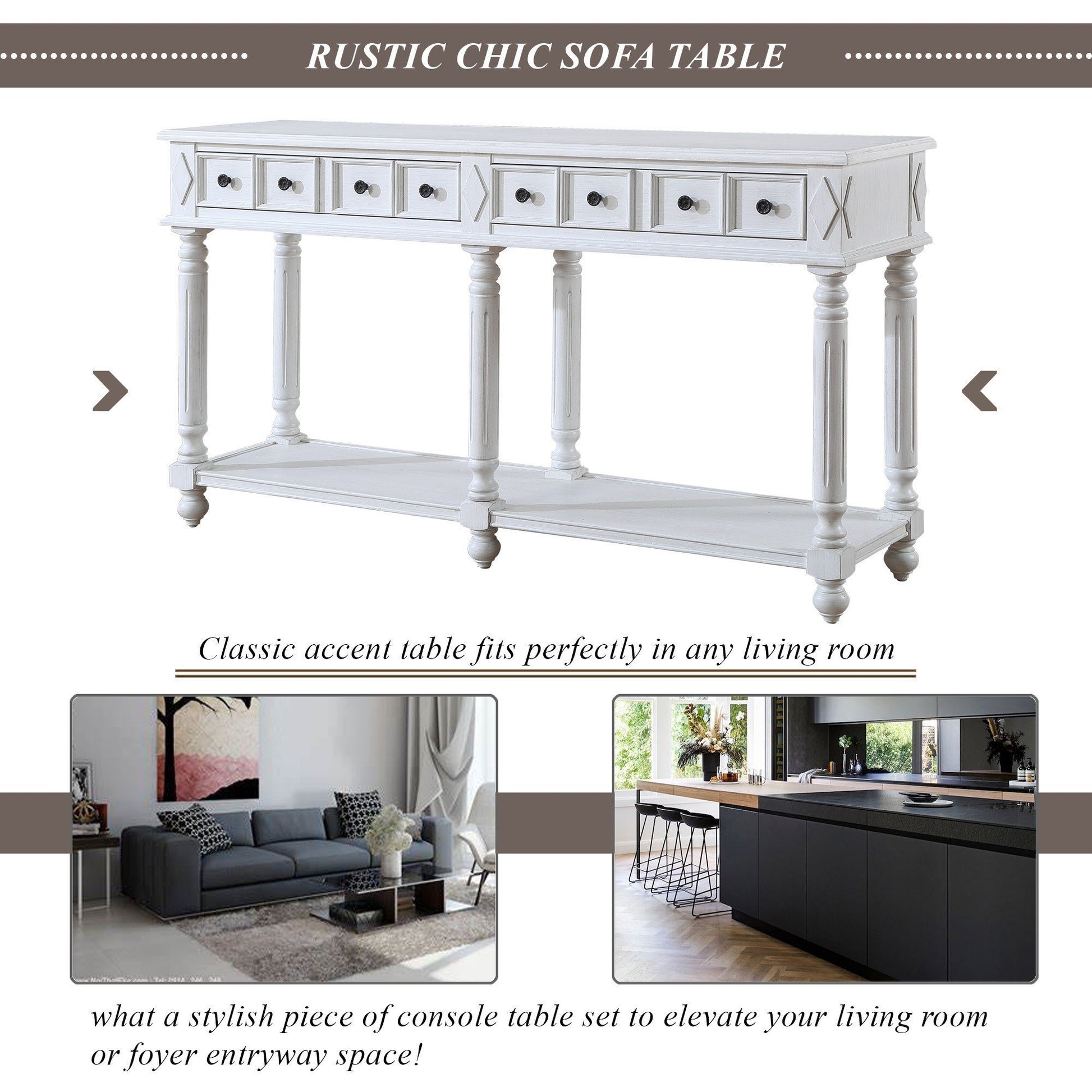 Retro Console Table Entryway Table 58" Long Sofa Table With 2 Drawers In Same Size And Bottom Shelf For Storage Antique White Antique White Solid Wood