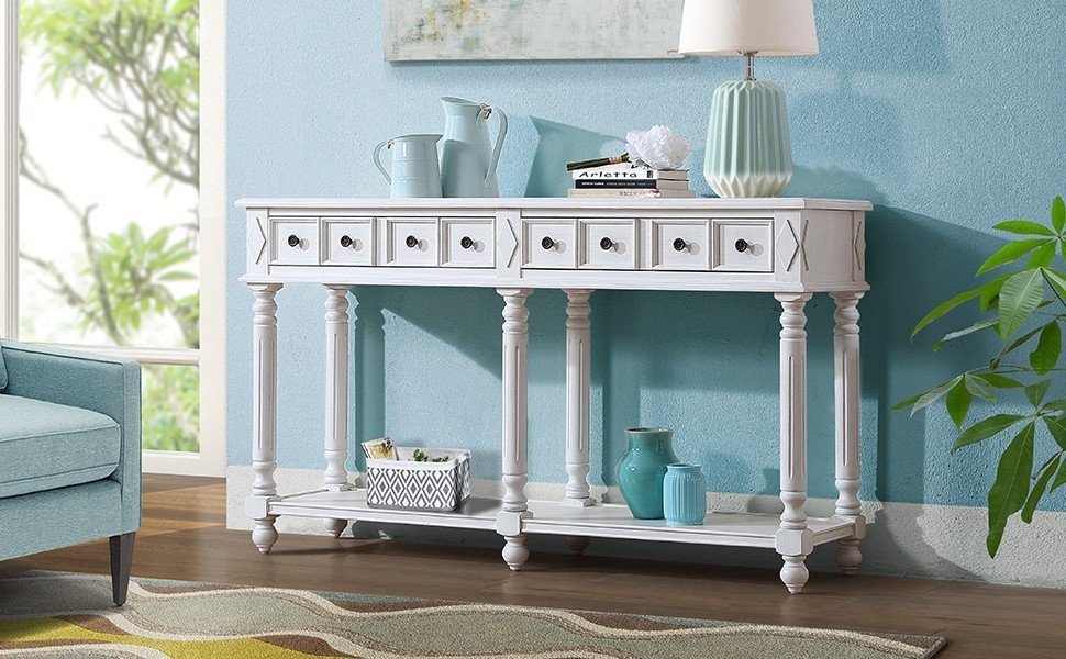 Retro Console Table Entryway Table 58" Long Sofa Table With 2 Drawers In Same Size And Bottom Shelf For Storage Antique White Antique White Solid Wood