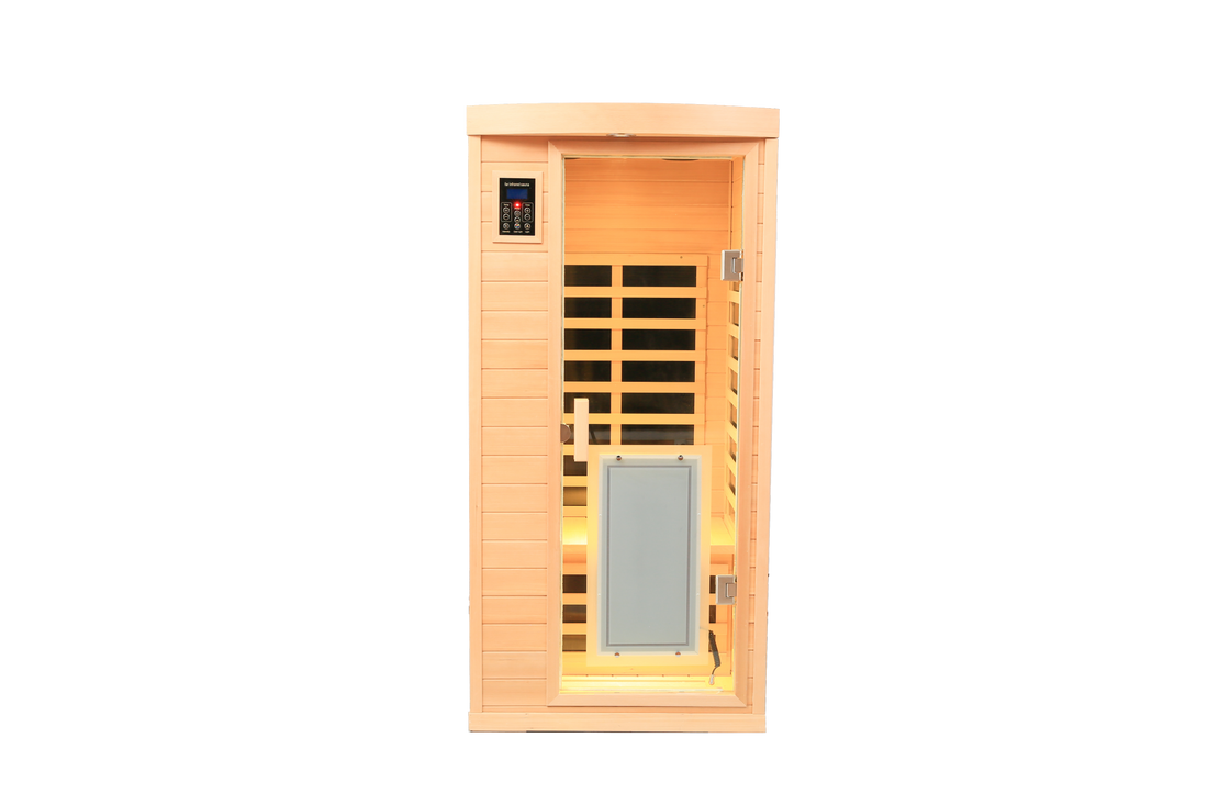 Low Emf Front Door With Heating Panel One People Hemlock Far Infrared Indoor Sauna Room Natural Wood Wood Stainless Steel Glass