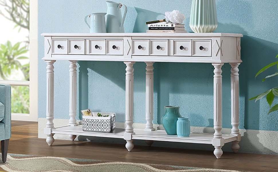 Retro Console Table Entryway Table 58" Long Sofa Table With 2 Drawers In Same Size And Bottom Shelf For Storage Antique White Antique White Solid Wood