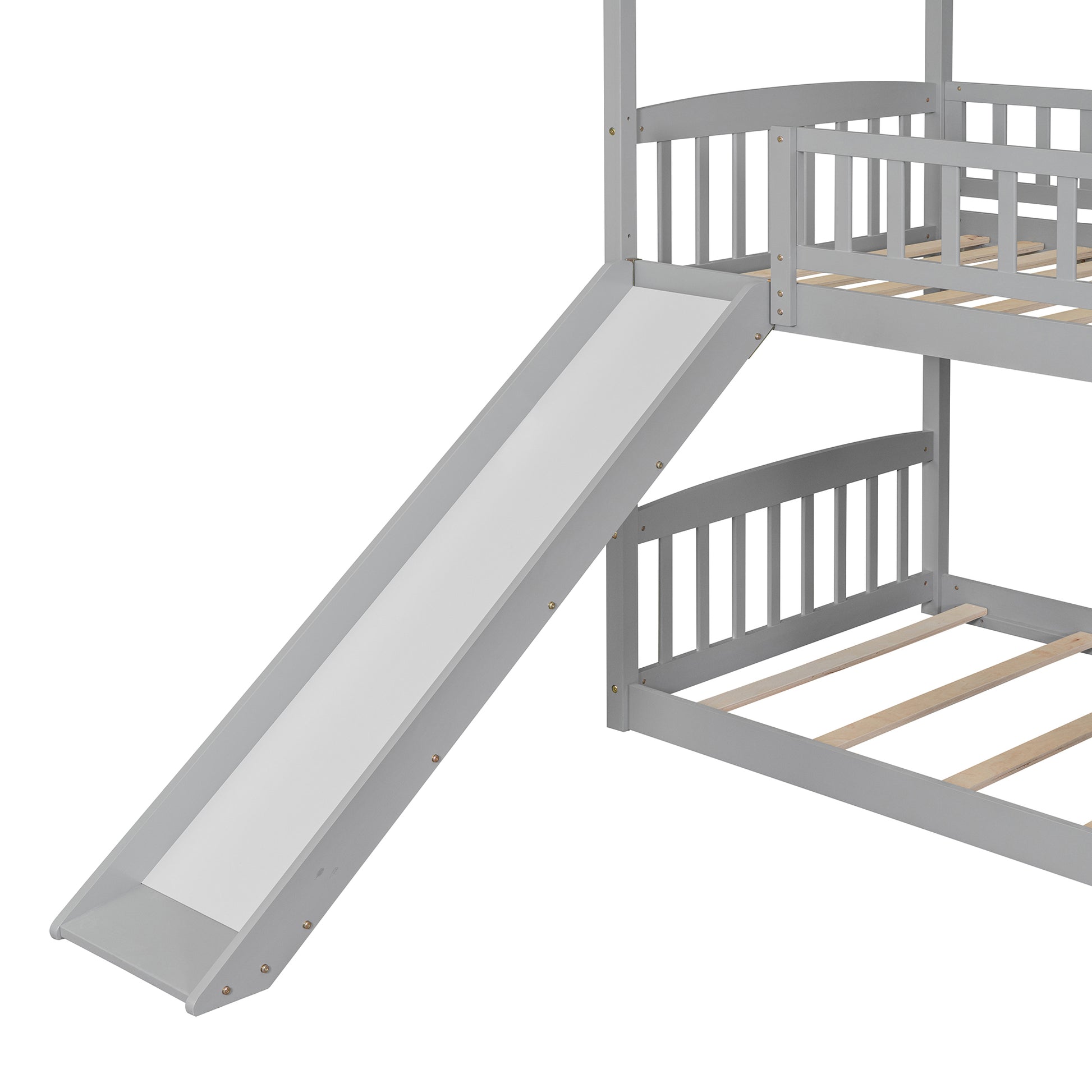 Twin Over Twin Bunk Bed With Slide, House Bed With Slide, Gray Old Sku: Lt000213Aae Gray Solid Wood