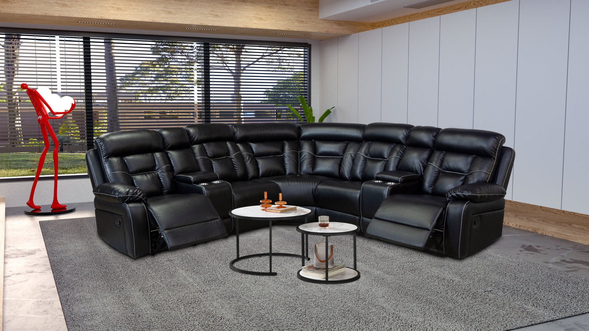 Manual Reclining Sofa Faux Leather Sofa Set Black Black Pu