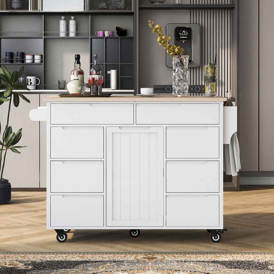 Kitchen Cart With Rubber Wood Countertopkitchen Island Has 8 Handle Free Drawers Including A Flatware Organizer And 5 Wheels For Kitchen Dinning Room, White White Mdf