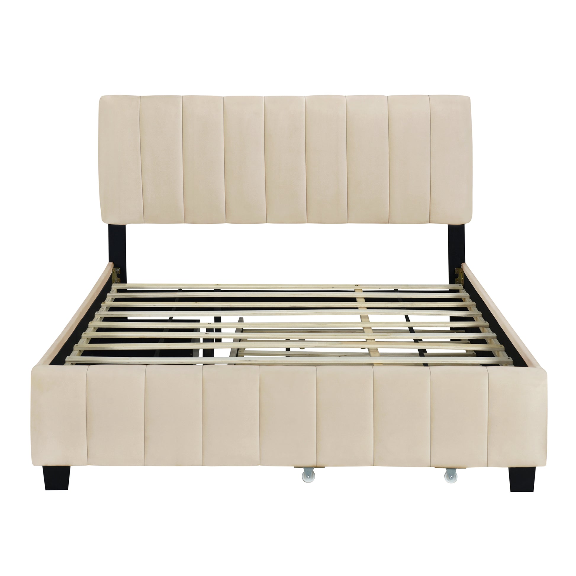Queen Size Velvet Upholstered Platform Bed With 2 Drawers And 1 Twin Xl Trundle Beige Beige Upholstered