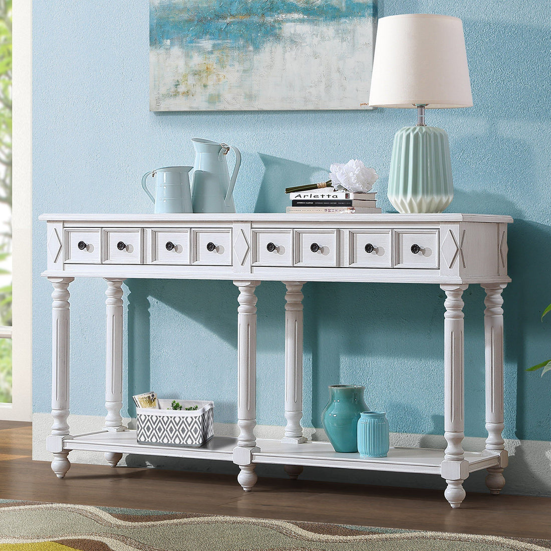 Retro Console Table Entryway Table 58" Long Sofa Table With 2 Drawers In Same Size And Bottom Shelf For Storage Antique White Antique White Solid Wood