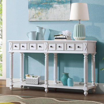 Retro Console Table Entryway Table 58" Long Sofa Table With 2 Drawers In Same Size And Bottom Shelf For Storage Antique White Antique White Solid Wood
