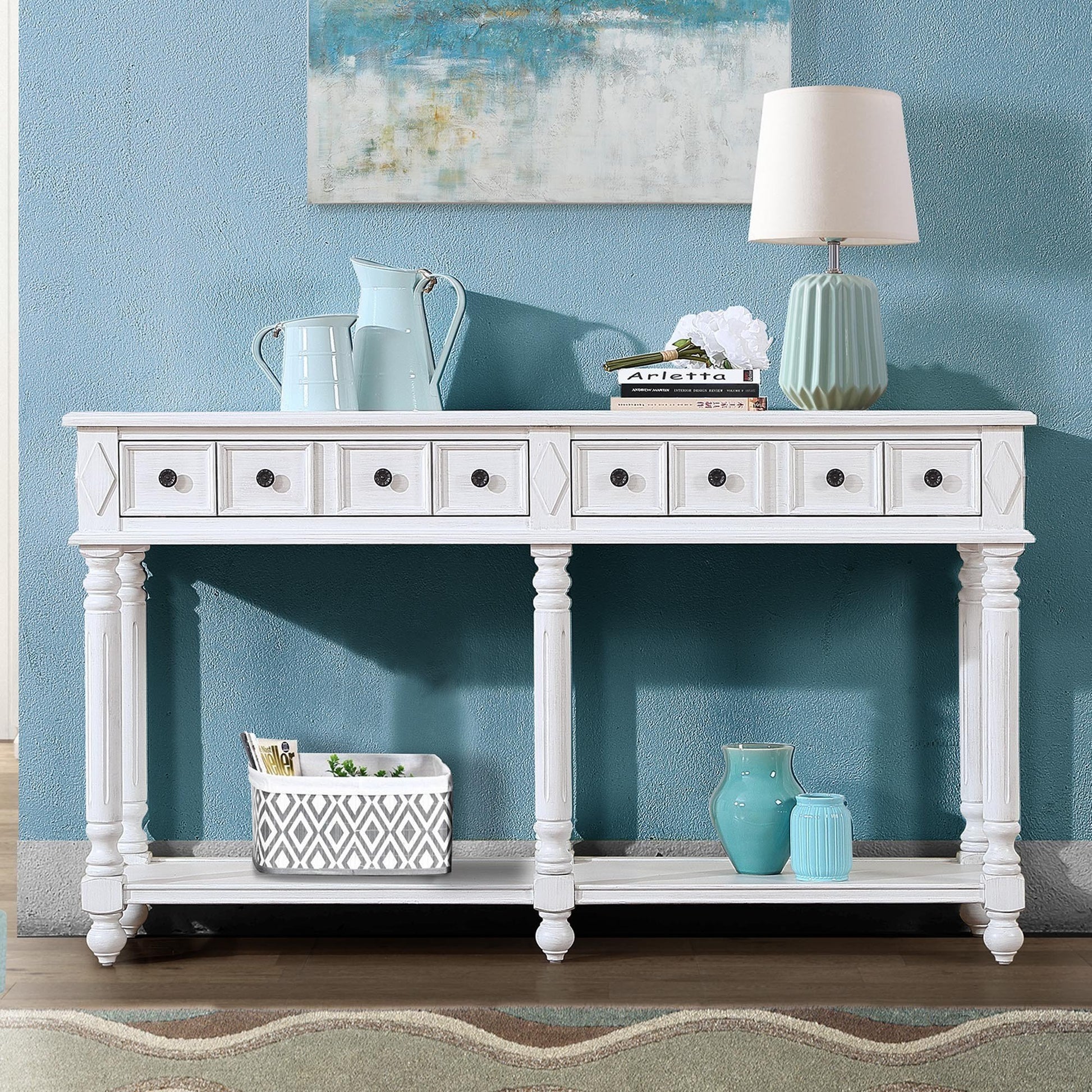 Retro Console Table Entryway Table 58" Long Sofa Table With 2 Drawers In Same Size And Bottom Shelf For Storage Antique White Antique White Solid Wood