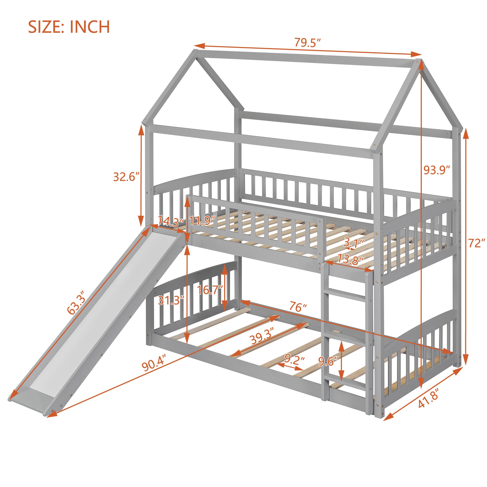 Twin Over Twin Bunk Bed With Slide, House Bed With Slide, Gray Old Sku: Lt000213Aae Gray Solid Wood