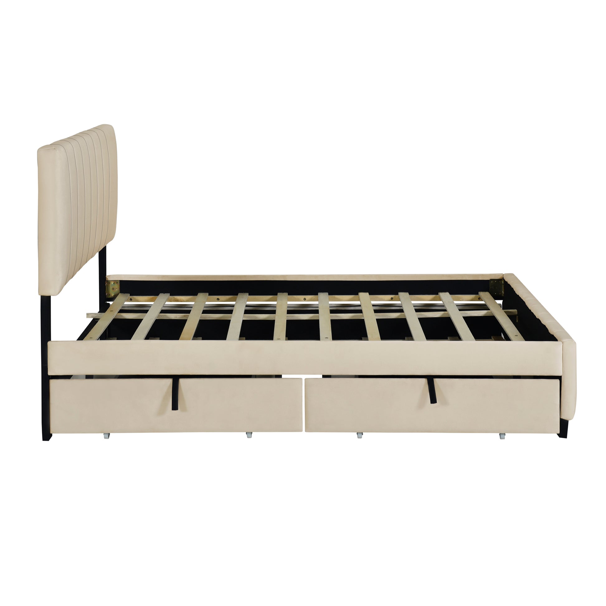 Queen Size Velvet Upholstered Platform Bed With 2 Drawers And 1 Twin Xl Trundle Beige Beige Upholstered