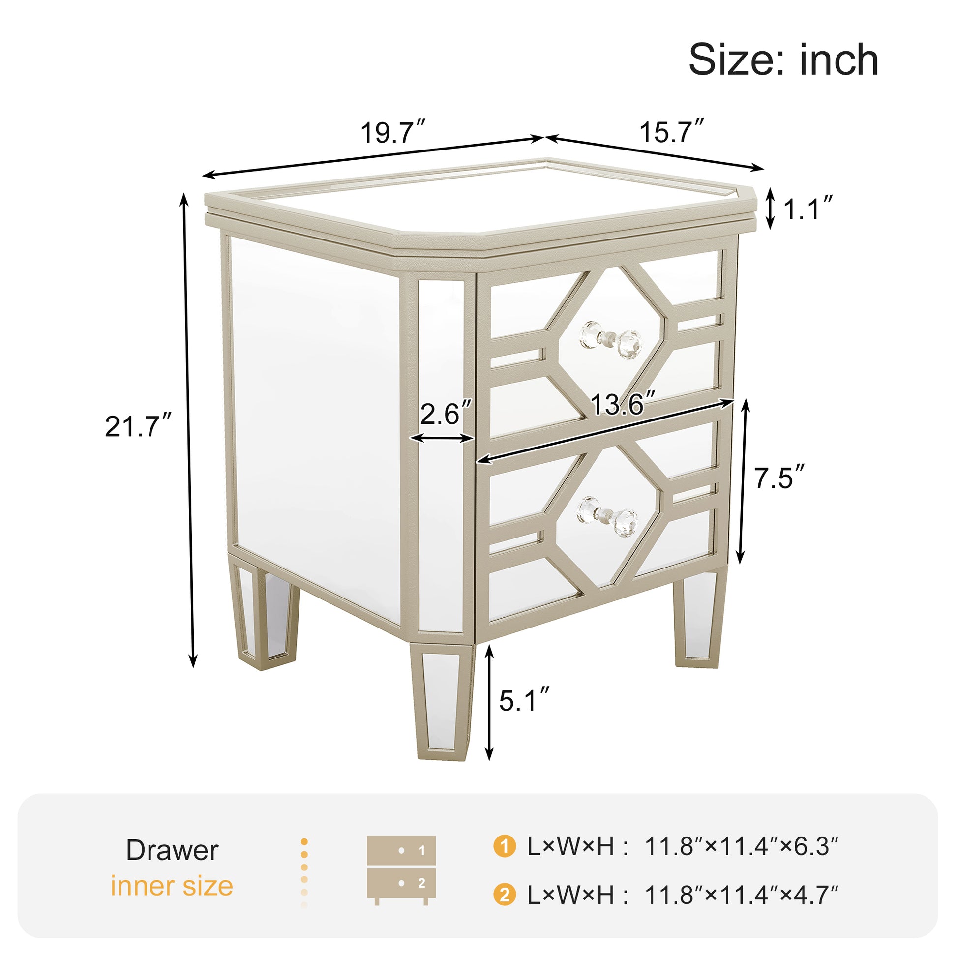 Elegant Mirrored 2 Drawer Side Table With Golden Lines For Living Room, Hallway, Entryway Silver Glass