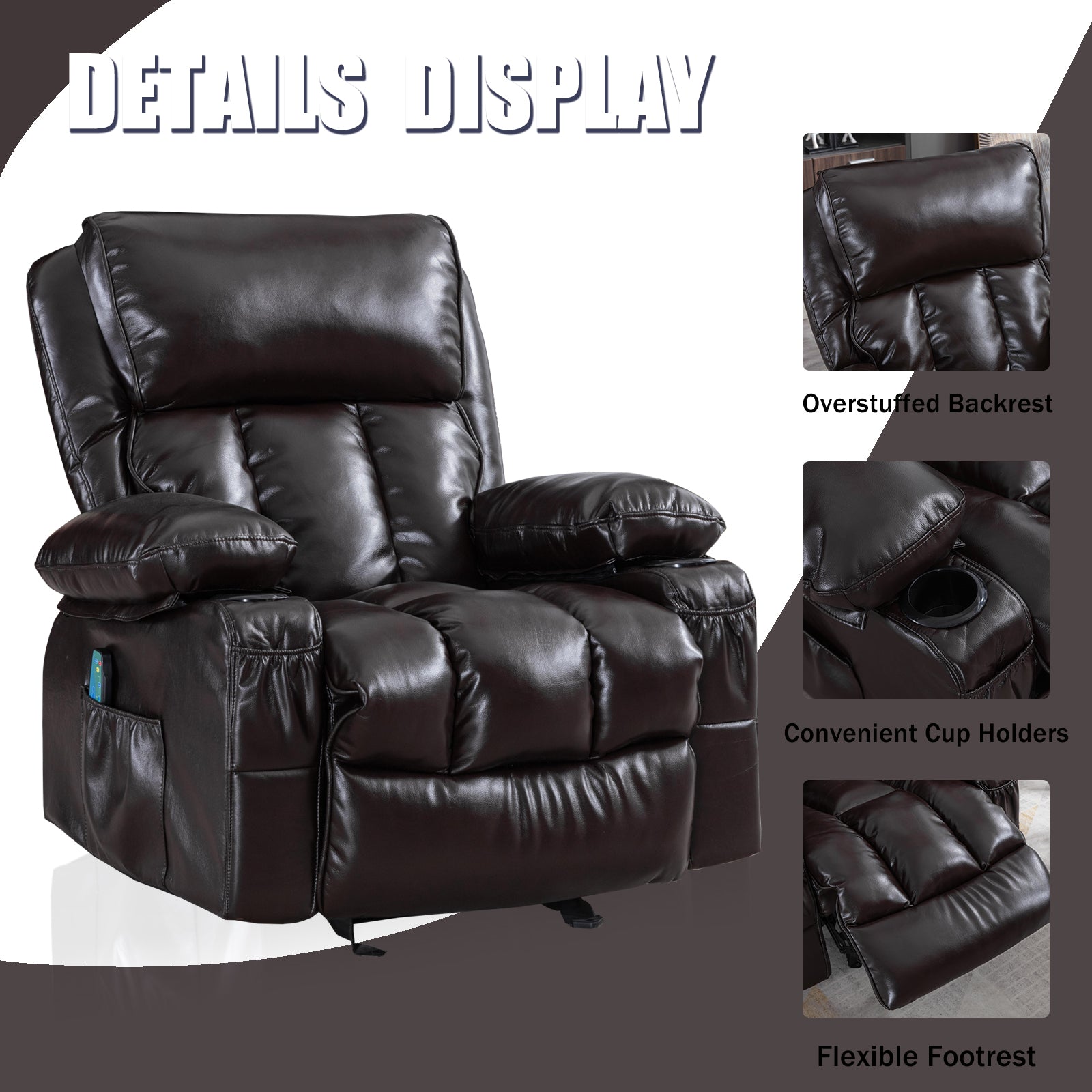 Recliner Chair Heating Massage For Living Room With Rocking Function And Side Pocket Brown Brown Soft Foam Polyester