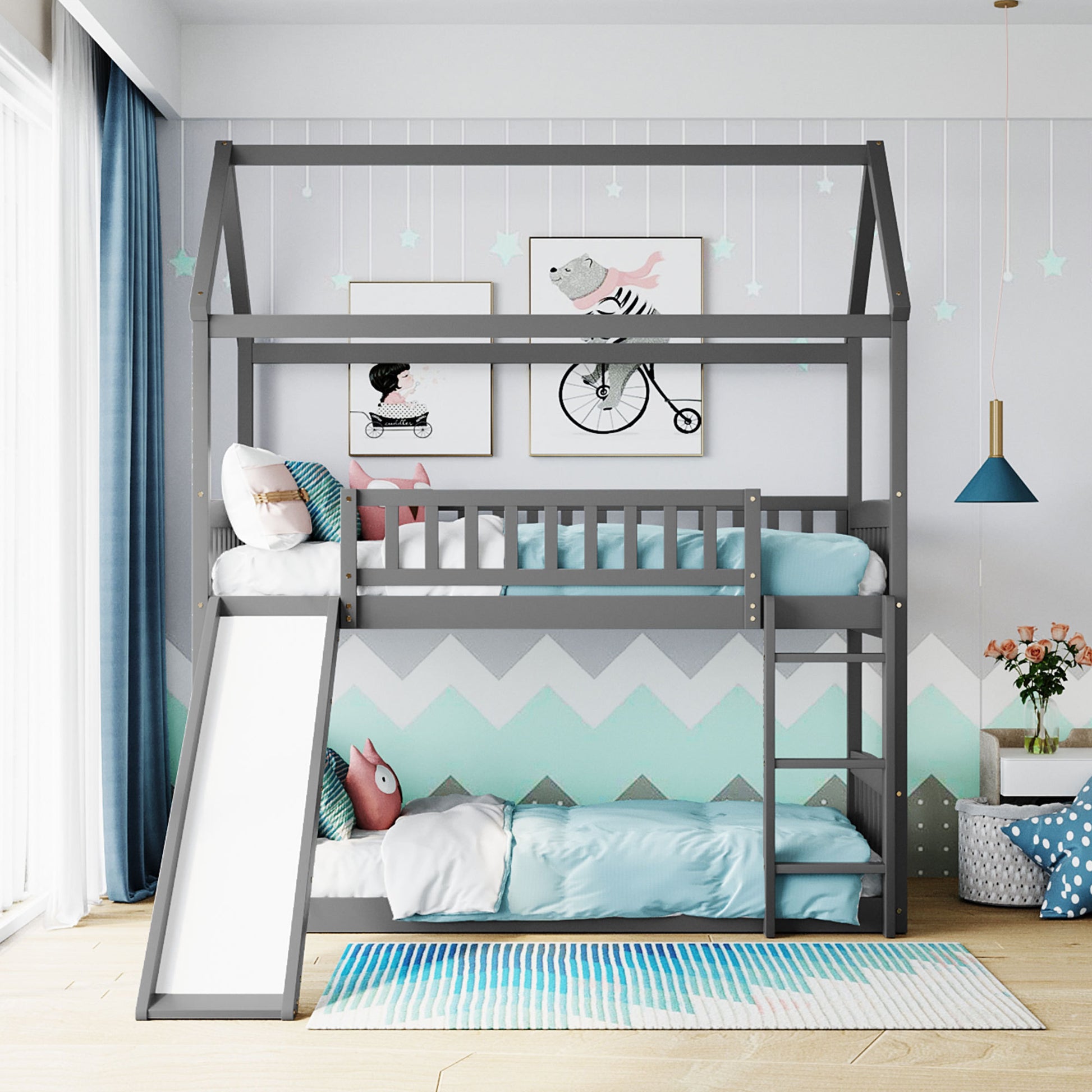 Twin Over Twin Bunk Bed With Slide, House Bed With Slide, Gray Old Sku: Lt000213Aae Gray Solid Wood