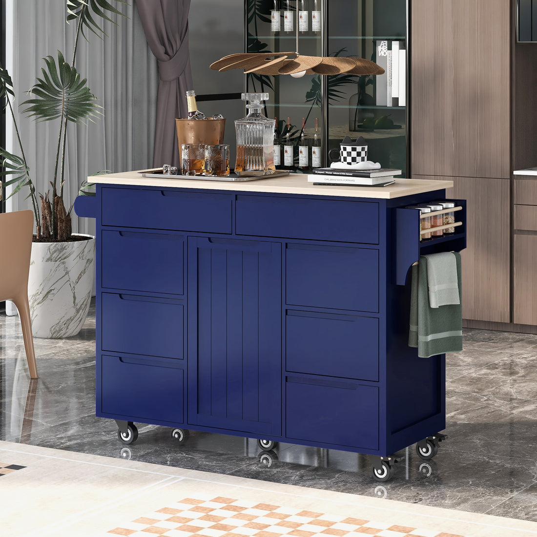 Kitchen Cart With Rubber Wood Countertopkitchen Island Has 8 Handle Free Drawers Including A Flatware Organizer And 5 Wheels For Kitchen Dinning Room, Dark Blue Blue Mdf