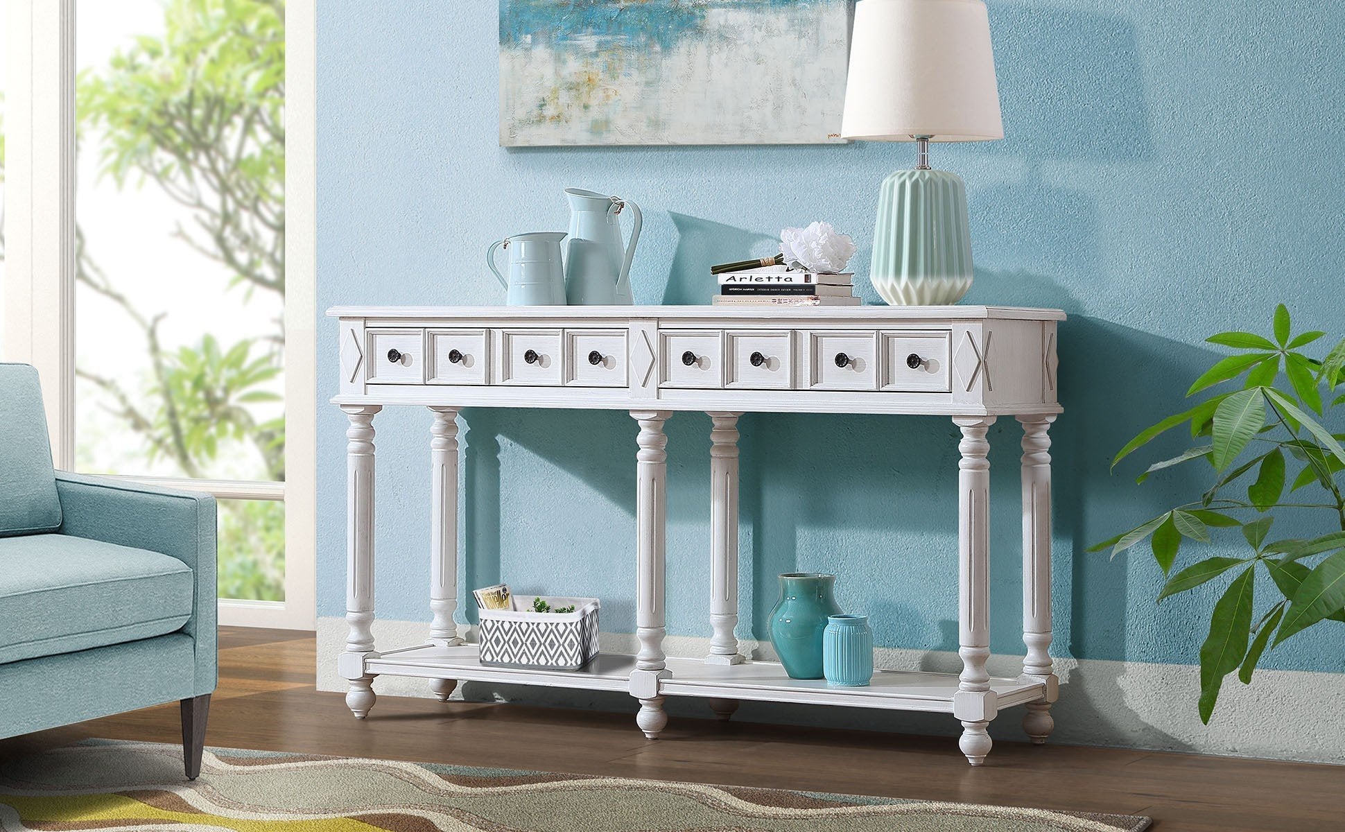 Retro Console Table Entryway Table 58" Long Sofa Table With 2 Drawers In Same Size And Bottom Shelf For Storage Antique White Antique White Solid Wood