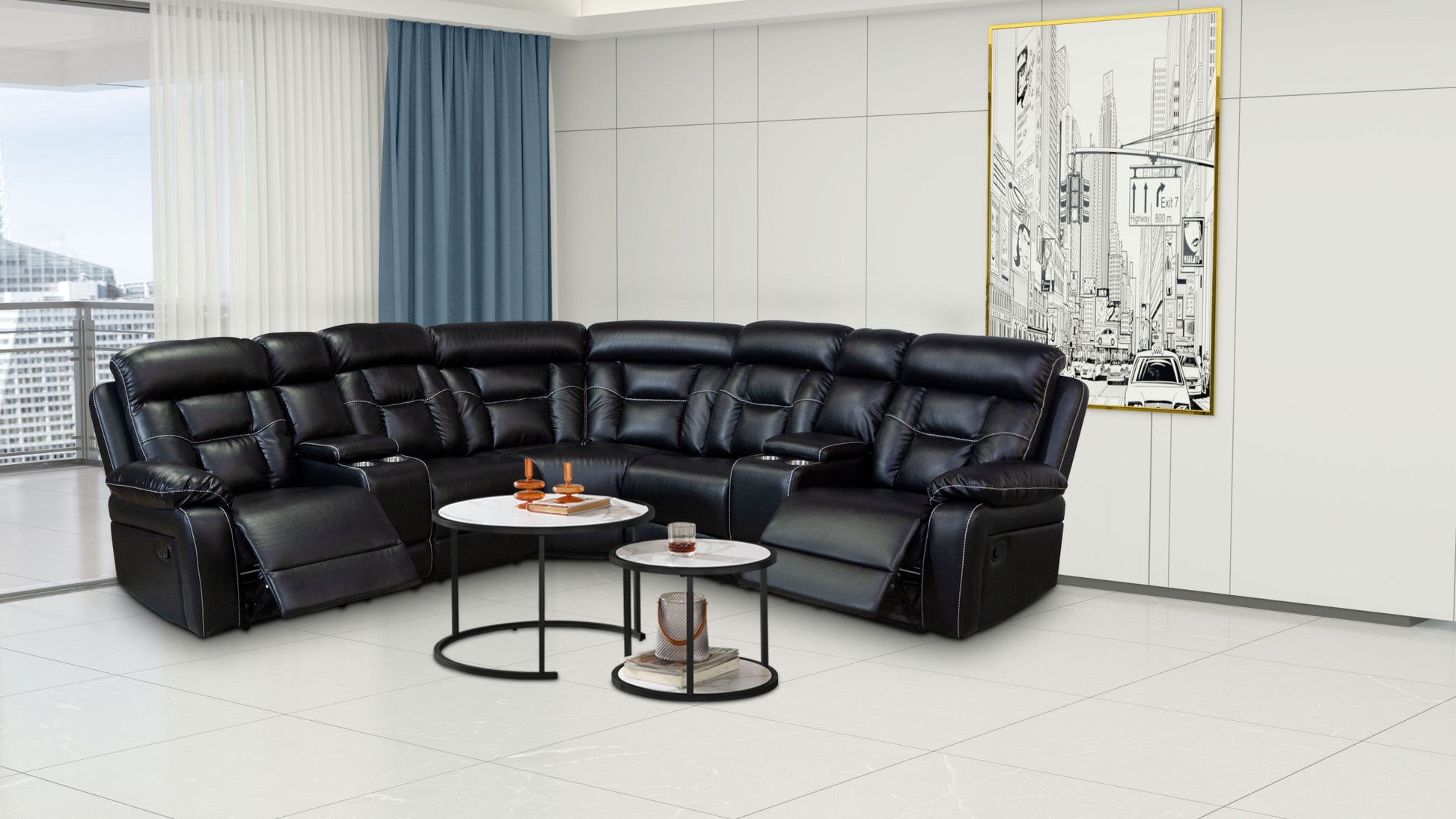 Manual Reclining Sofa Faux Leather Sofa Set Black Black Pu