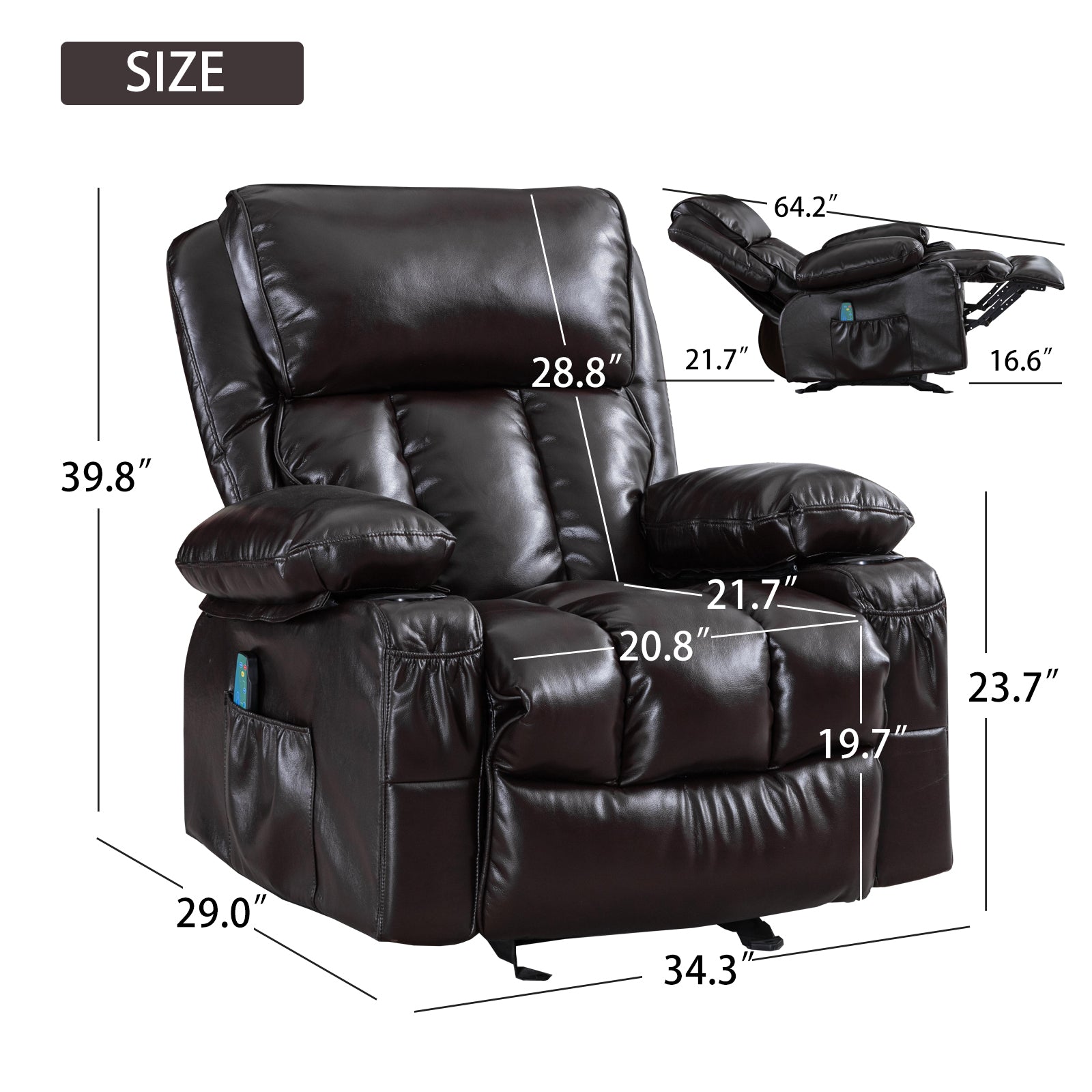 Recliner Chair Heating Massage For Living Room With Rocking Function And Side Pocket Brown Brown Soft Foam Polyester