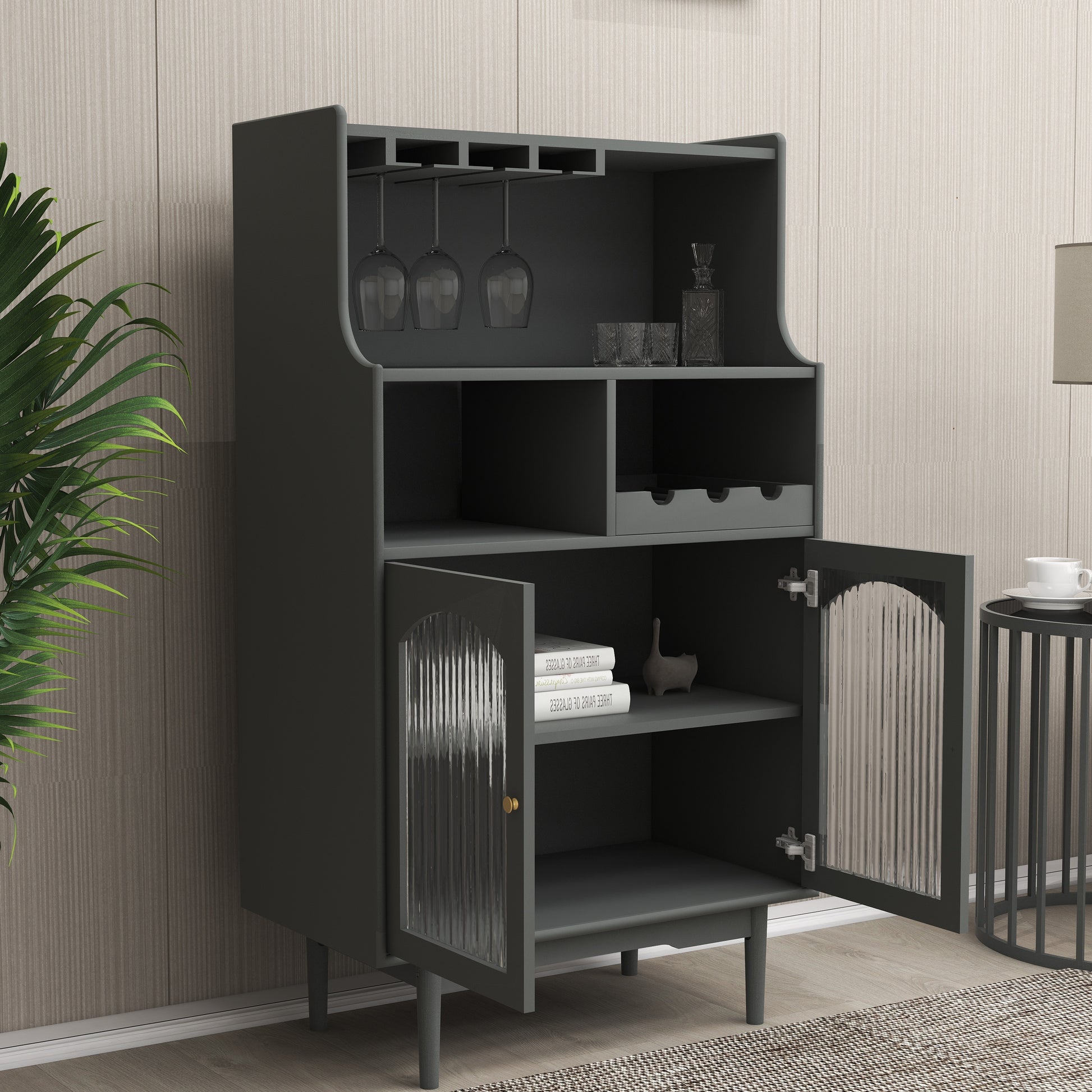 Living Room Grey Color Wine Cabinet With Removable Rack And Wine Glass Rack, One Cabinet With Glass Doors Grey Mdf