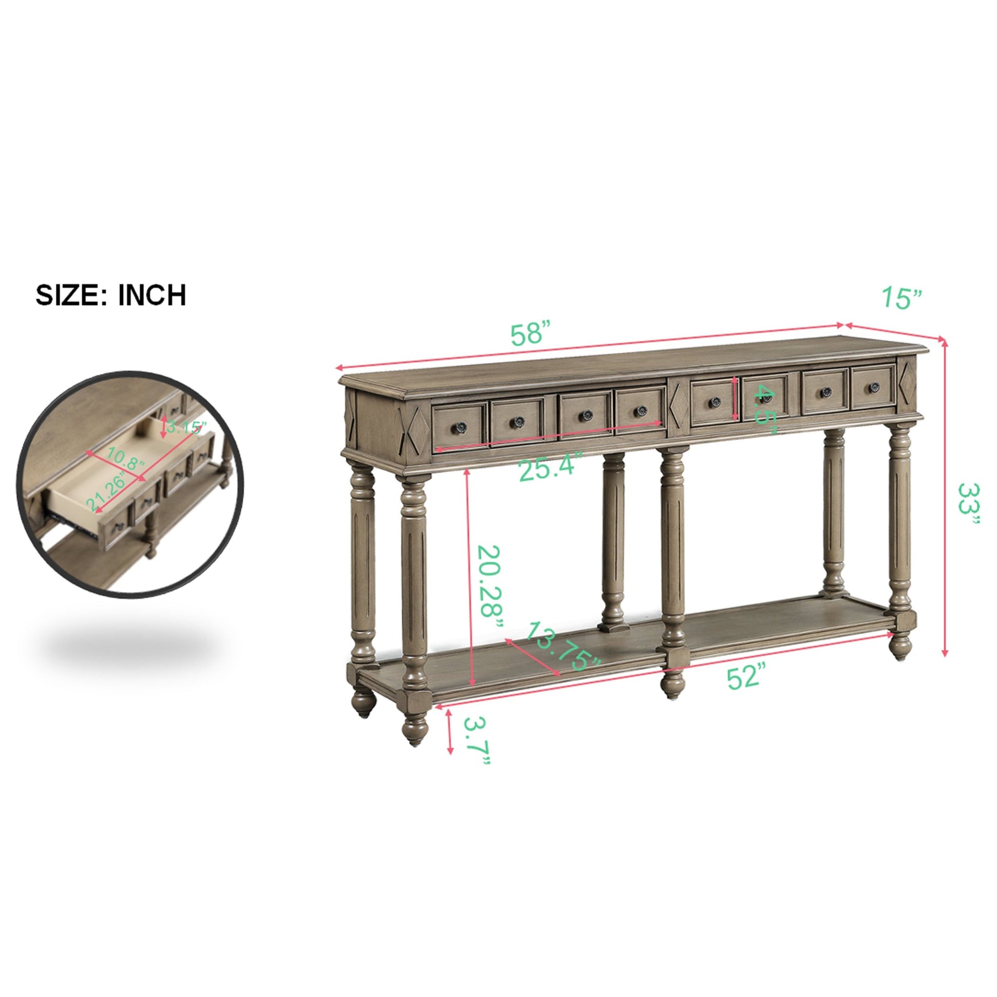 Retro Console Table Entryway Table 58" Long Sofa Table With 2 Drawers In Same Size And Bottom Shelf For Storage Rustic Rustic Brown Solid Wood