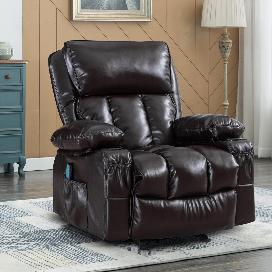 Recliner Chair Heating Massage For Living Room With Rocking Function And Side Pocket Brown Brown Soft Foam Polyester