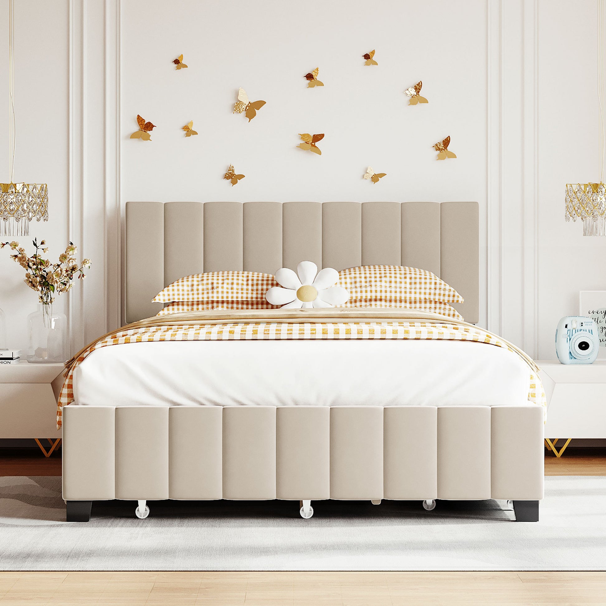 Queen Size Velvet Upholstered Platform Bed With 2 Drawers And 1 Twin Xl Trundle Beige Beige Upholstered