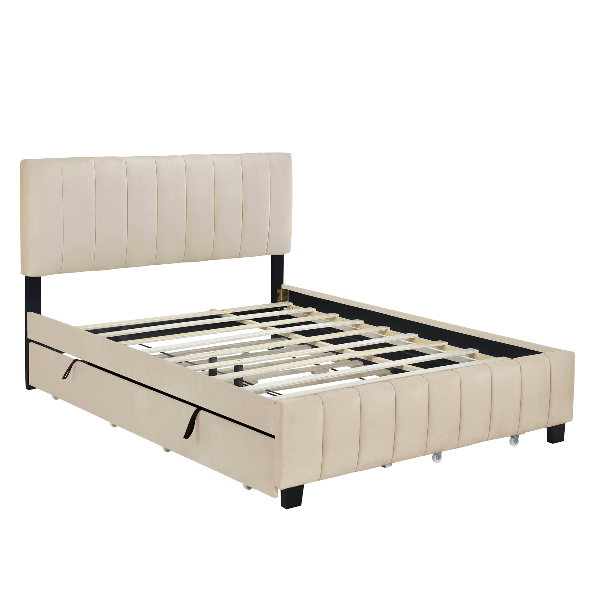 Queen Size Velvet Upholstered Platform Bed With 2 Drawers And 1 Twin Xl Trundle Beige Beige Upholstered