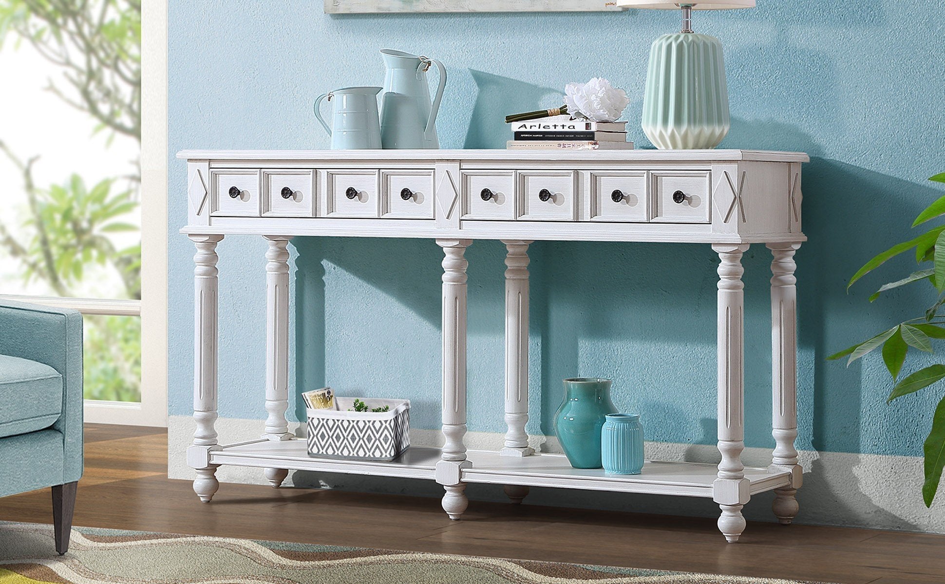 Retro Console Table Entryway Table 58" Long Sofa Table With 2 Drawers In Same Size And Bottom Shelf For Storage Antique White Antique White Solid Wood