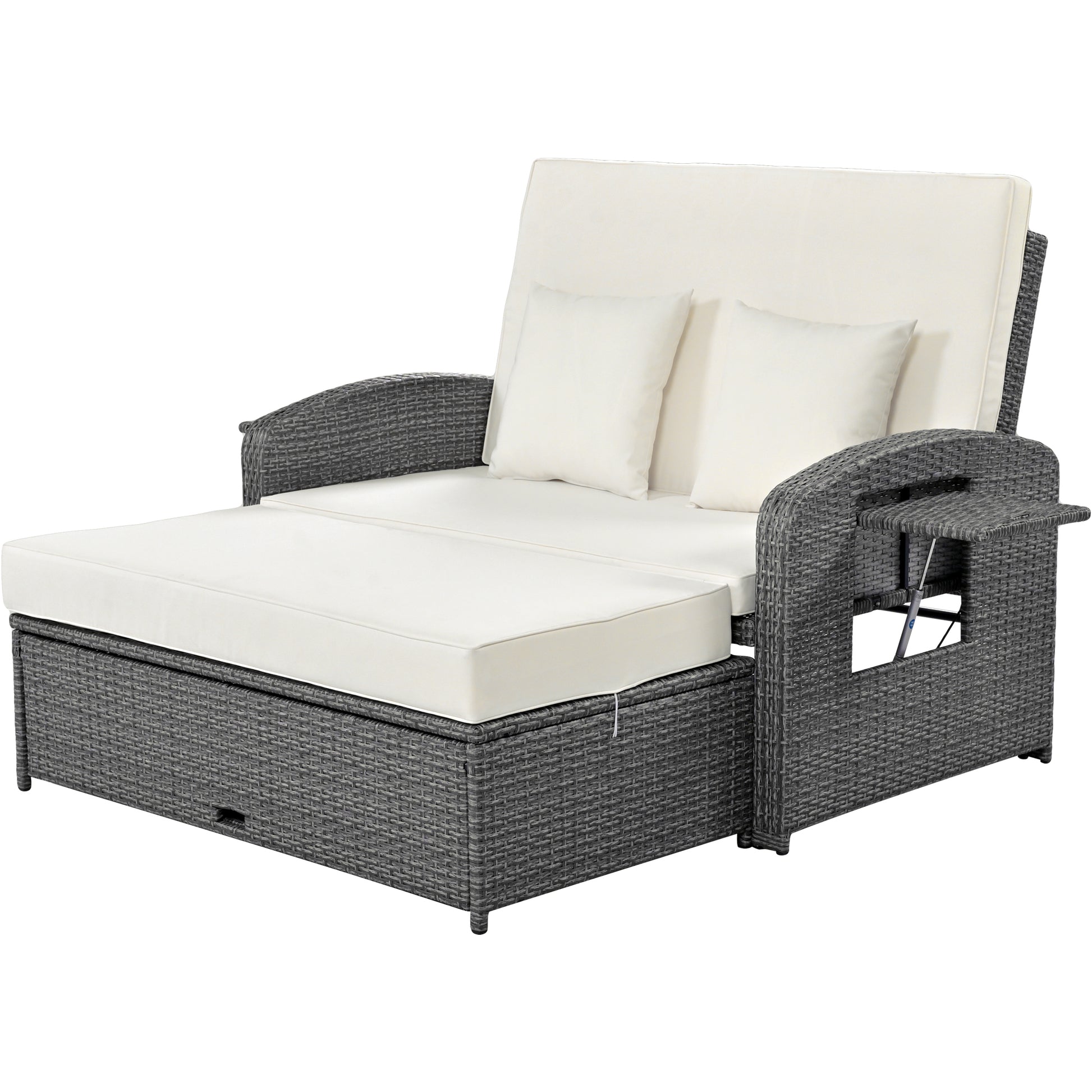 Pe Wicker Rattan Double Chaise Lounge, 2 Person Reclining Daybed With Adjustable Back And Cushions, Free Furniture Protection Cover, White Yes Complete Patio Set White Water Resistant Frame Water Resistant Cushion Garden & Outdoor Casual Sofa Seating