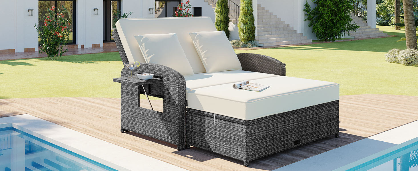 Pe Wicker Rattan Double Chaise Lounge, 2 Person Reclining Daybed With Adjustable Back And Cushions, Free Furniture Protection Cover, White Yes Complete Patio Set White Water Resistant Frame Water Resistant Cushion Garden & Outdoor Casual Sofa Seating