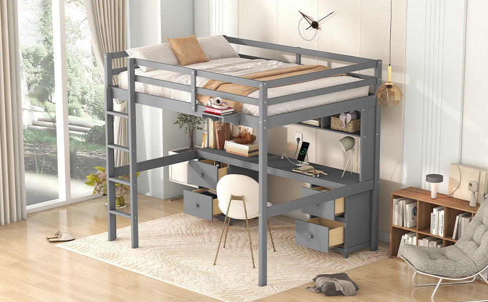 Full Size Loft Bed With Desk, Cabinets, Drawers And Bedside Tray, Charging Station, Gray Gray Solid Wood Mdf