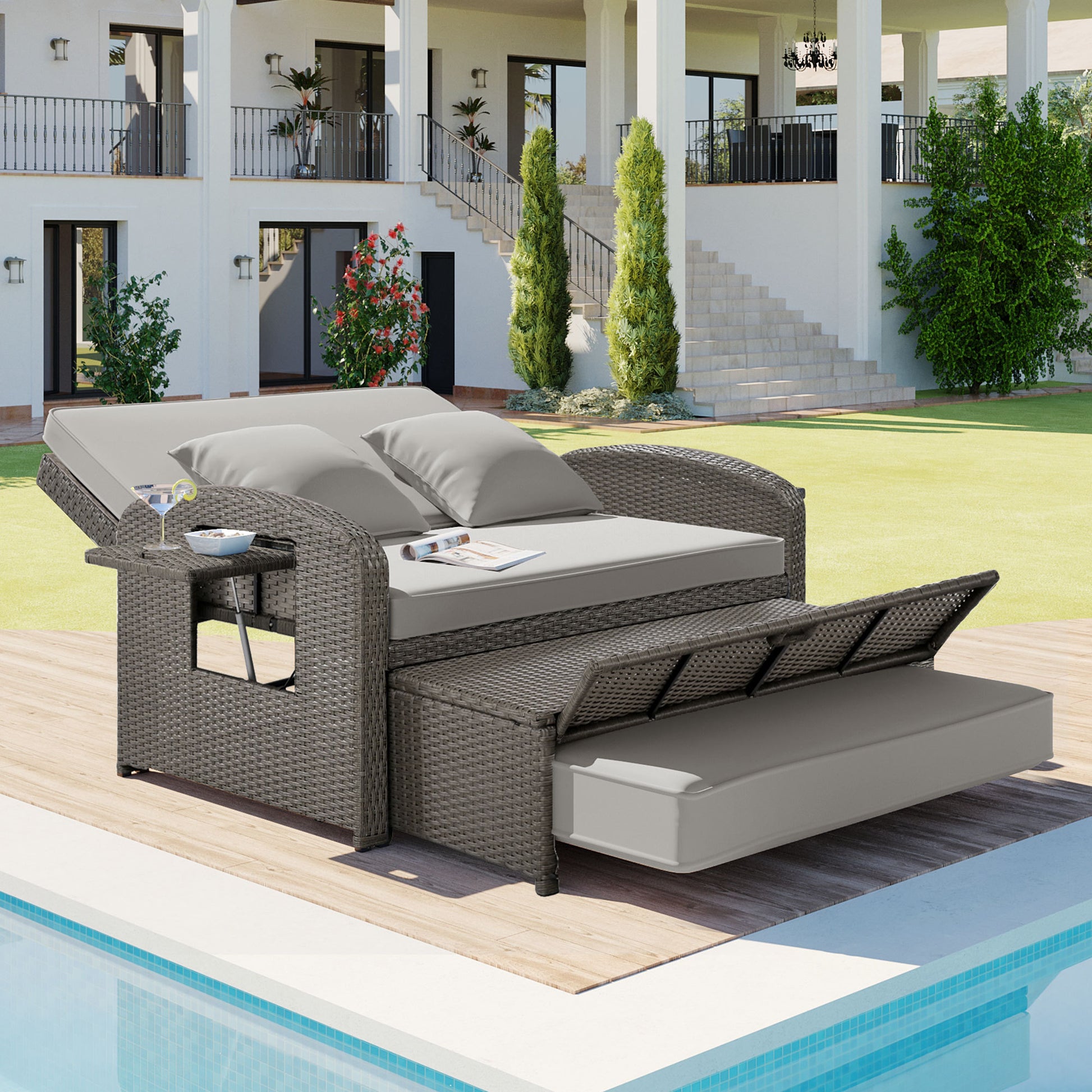 Pe Wicker Rattan Double Chaise Lounge, 2 Person Reclining Daybed With Adjustable Back And Cushions, Free Furniture Protection Cover,Gray Yes Gray Water Resistant Frame Water Resistant Cushion Garden & Outdoor Casual 2 Person Seating Group Foam Rattan