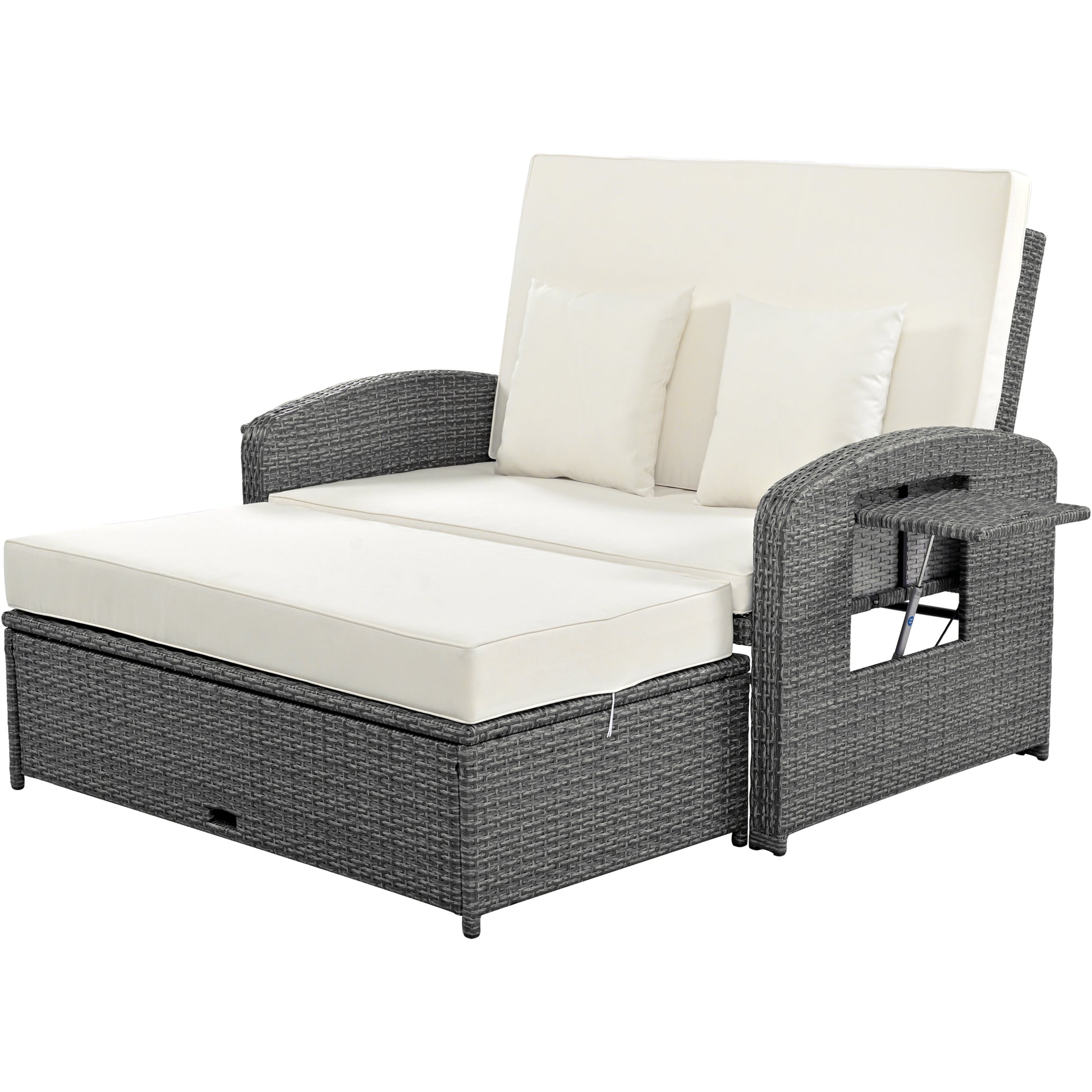 Pe Wicker Rattan Double Chaise Lounge, 2 Person Reclining Daybed With Adjustable Back And Cushions, Free Furniture Protection Cover, White Yes Complete Patio Set White Water Resistant Frame Water Resistant Cushion Garden & Outdoor Casual Sofa Seating