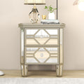 Elegant Mirrored 2 Drawer Side Table With Golden Lines For Living Room, Hallway, Entryway Silver Glass