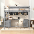 Full Size Loft Bed With Desk, Cabinets, Drawers And Bedside Tray, Charging Station, Gray Gray Solid Wood Mdf