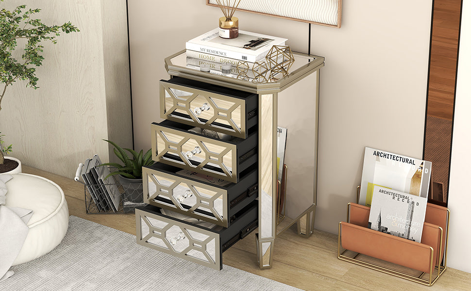 Elegant Mirrored 4 Drawer Chest With Golden Lines Storage Cabinet For Living Room, Hallway, Entryway Silver Glass