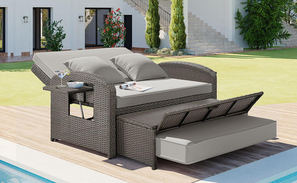 Pe Wicker Rattan Double Chaise Lounge, 2 Person Reclining Daybed With Adjustable Back And Cushions, Free Furniture Protection Cover,Gray Yes Gray Water Resistant Frame Water Resistant Cushion Garden & Outdoor Casual 2 Person Seating Group Foam Rattan