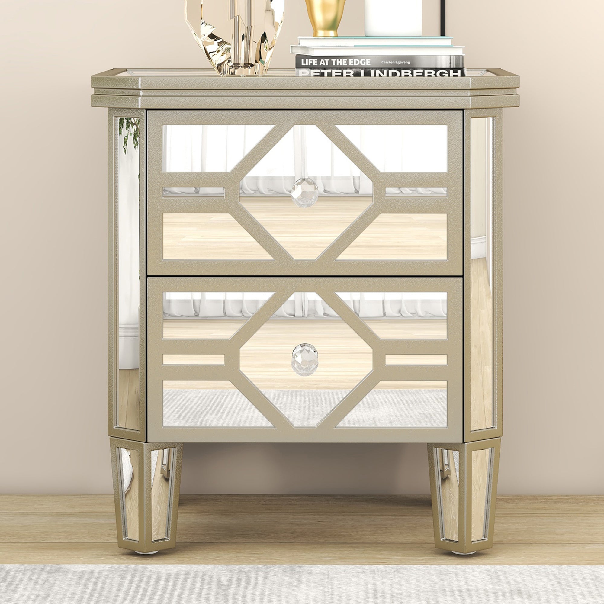 Elegant Mirrored 2 Drawer Side Table With Golden Lines For Living Room, Hallway, Entryway Silver Glass