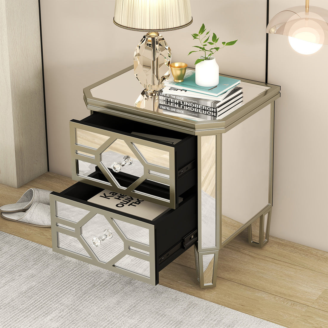 Elegant Mirrored 2 Drawer Side Table With Golden Lines For Living Room, Hallway, Entryway Silver Glass