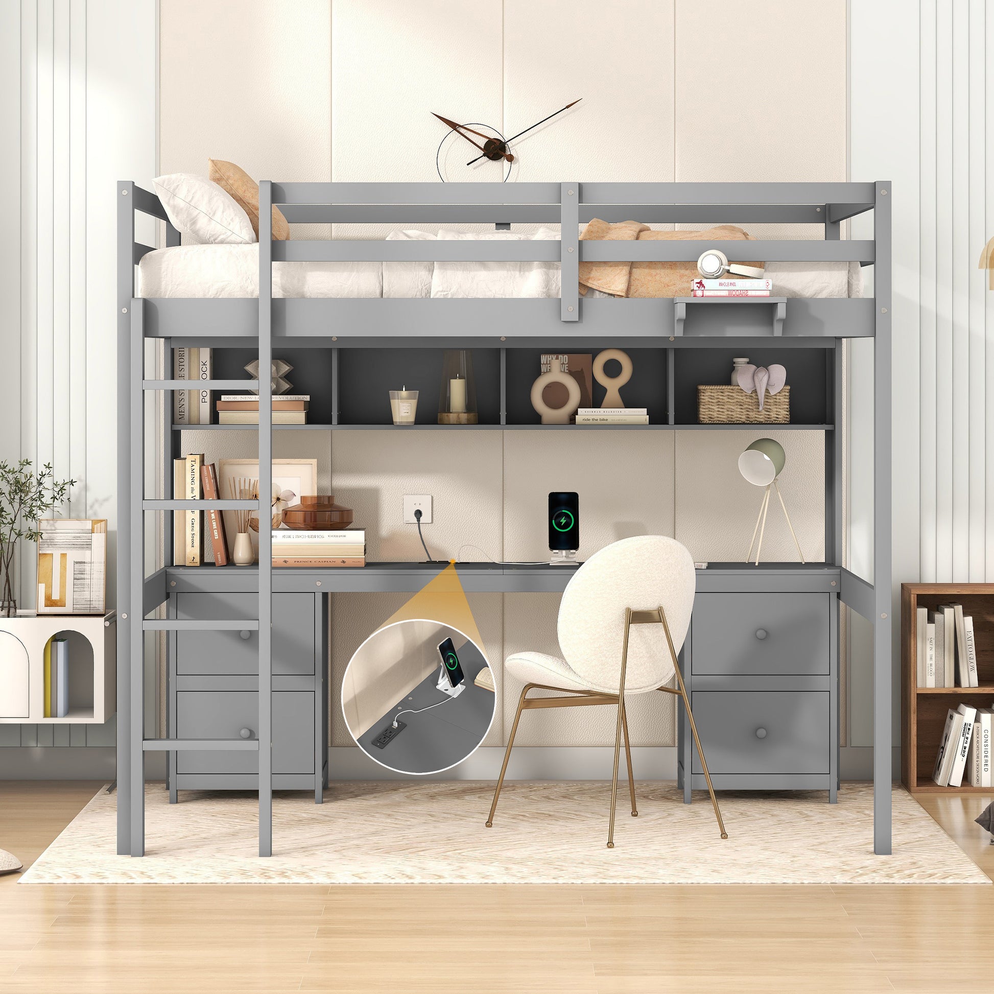 Full Size Loft Bed With Desk, Cabinets, Drawers And Bedside Tray, Charging Station, Gray Gray Solid Wood Mdf