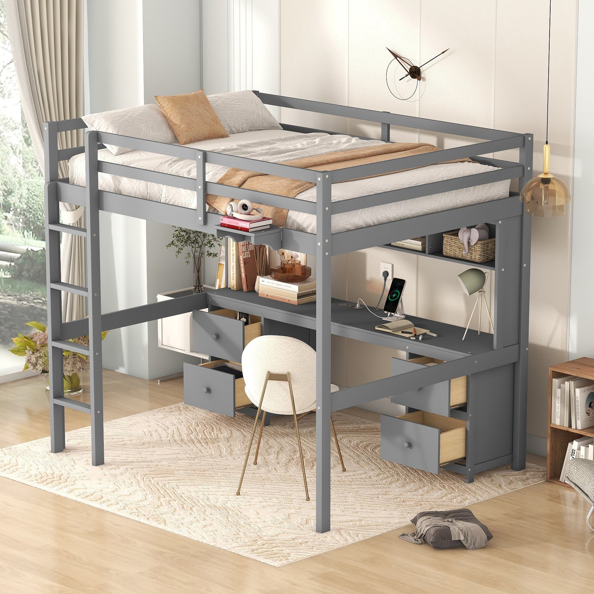 Full Size Loft Bed With Desk, Cabinets, Drawers And Bedside Tray, Charging Station, Gray Gray Solid Wood Mdf