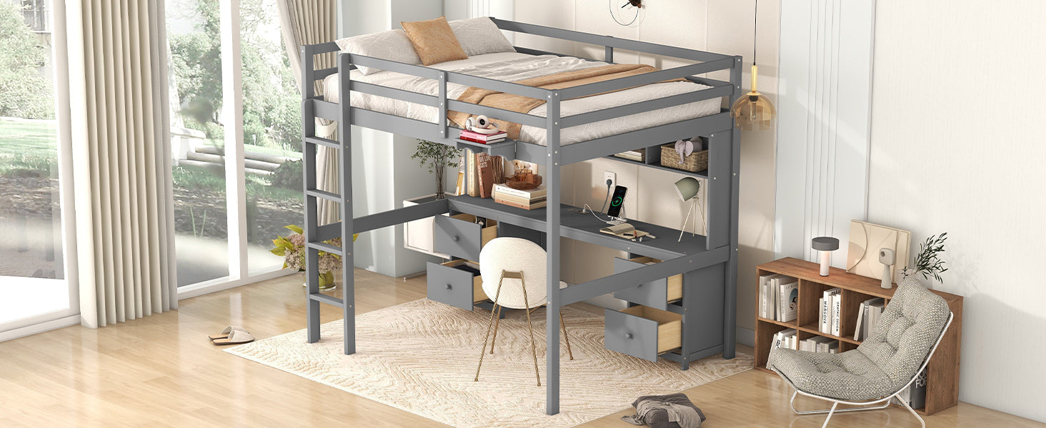 Full Size Loft Bed With Desk, Cabinets, Drawers And Bedside Tray, Charging Station, Gray Gray Solid Wood Mdf