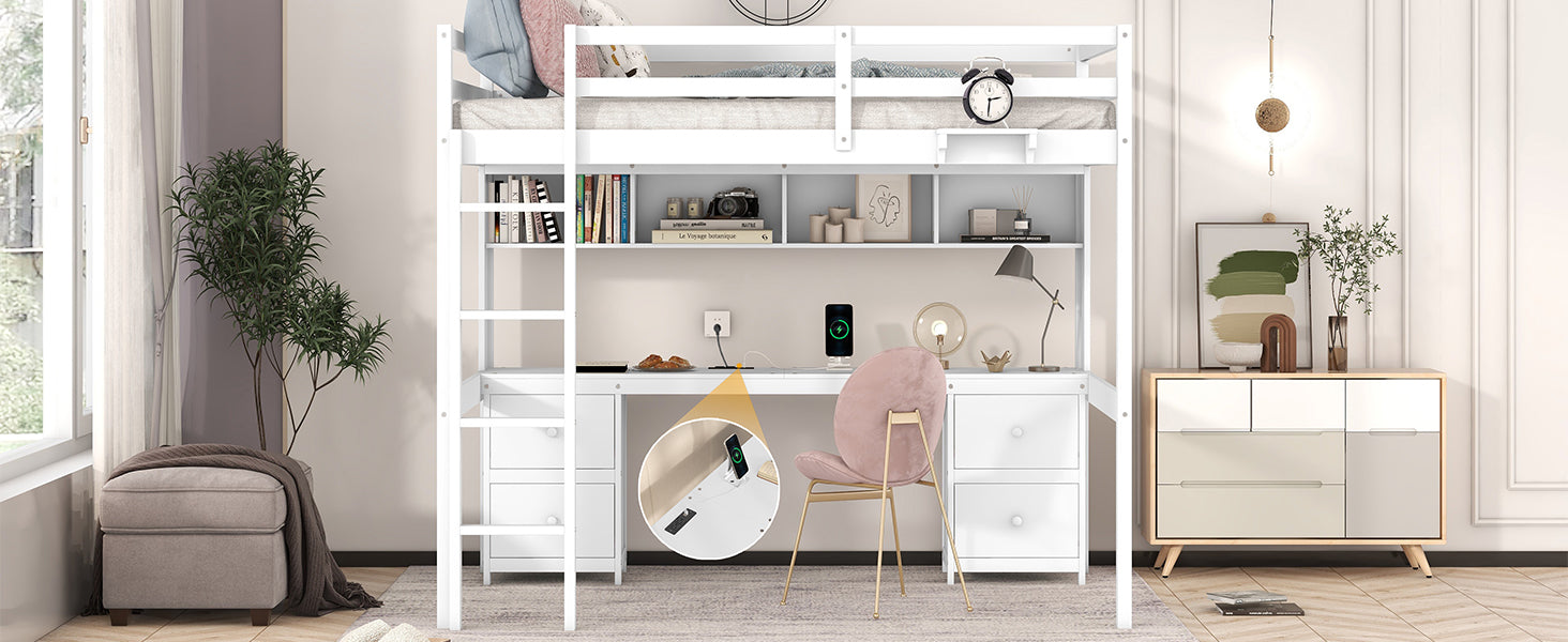 Full Size Loft Bed With Desk, Cabinets, Drawers And Bedside Tray, Charging Station, White White Solid Wood Mdf