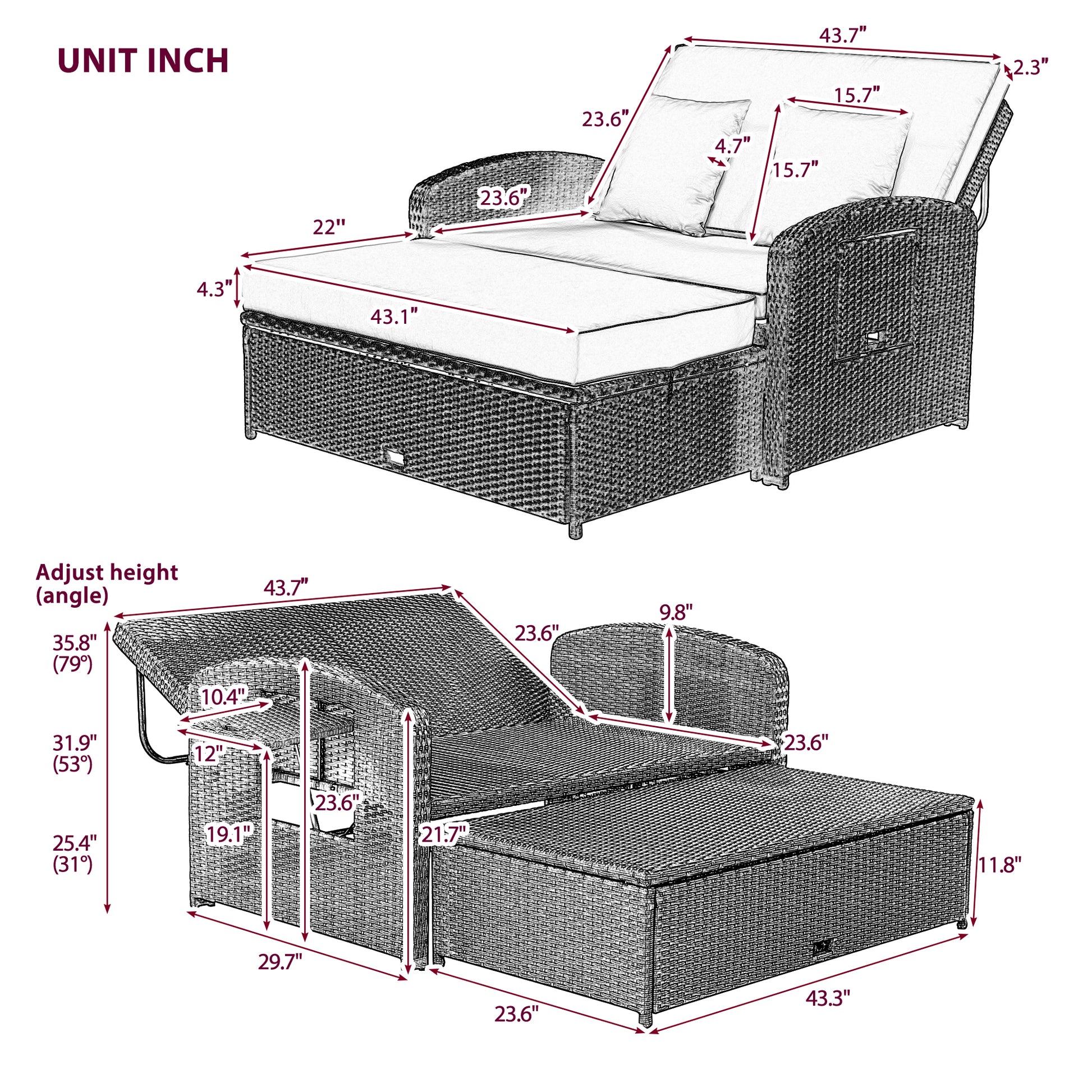 Pe Wicker Rattan Double Chaise Lounge, 2 Person Reclining Daybed With Adjustable Back And Cushions, Free Furniture Protection Cover, White Yes Complete Patio Set White Water Resistant Frame Water Resistant Cushion Garden & Outdoor Casual Sofa Seating