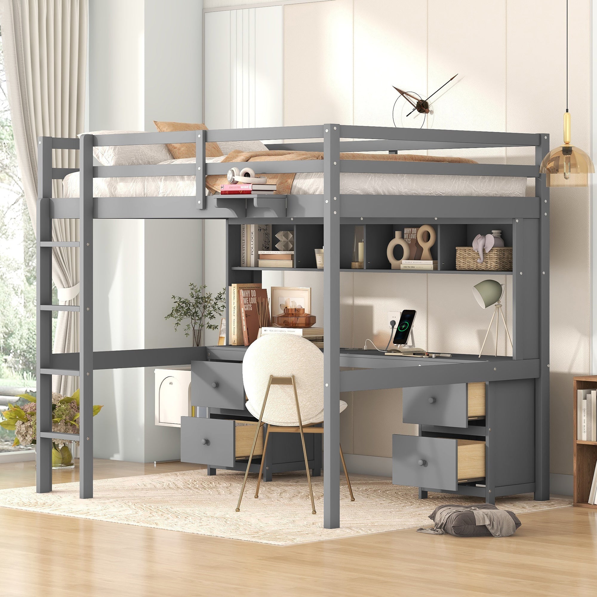 Full Size Loft Bed With Desk, Cabinets, Drawers And Bedside Tray, Charging Station, Gray Gray Solid Wood Mdf