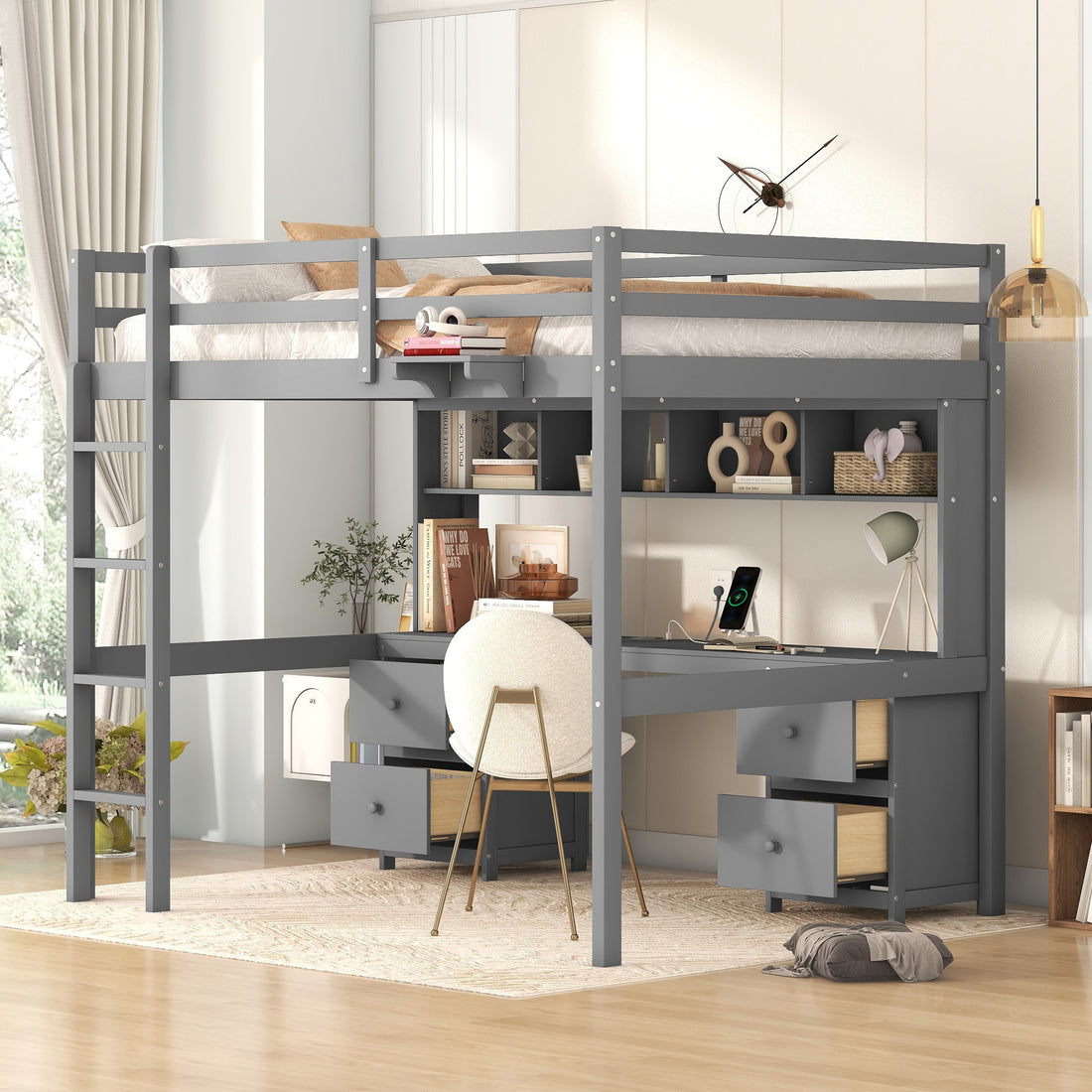 Full Size Loft Bed With Desk, Cabinets, Drawers And Bedside Tray, Charging Station, Gray Gray Solid Wood Mdf