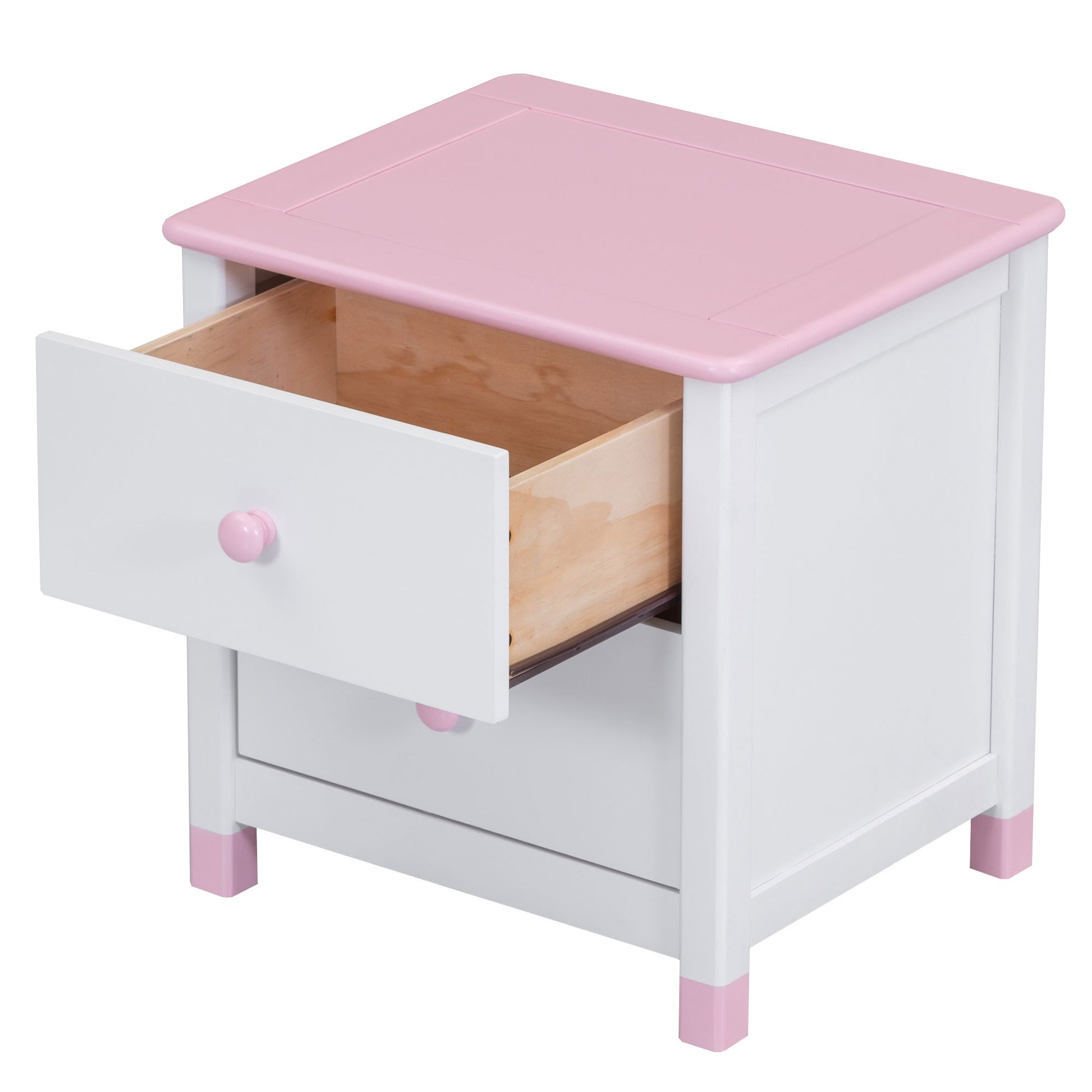 Wooden Nightstand With Two Drawers For Kids,End Table For Bedroom,White Pink White Pink Solid Wood