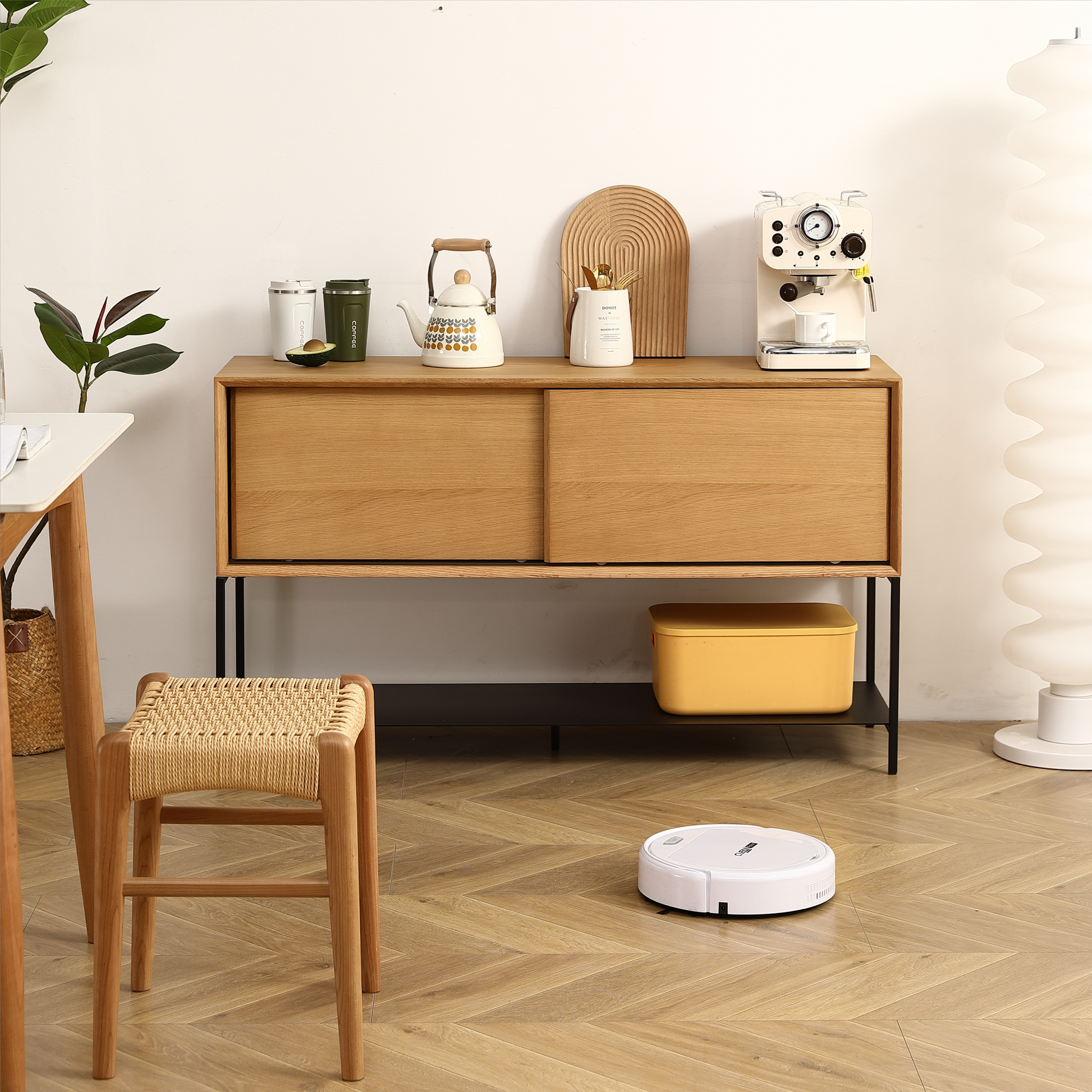 Sideboard Buffet Cabinet.White Rubber And Mdf Two Door Sliding Cabinet For Dining Room, 47.24 Inches Oak Metal & Wood