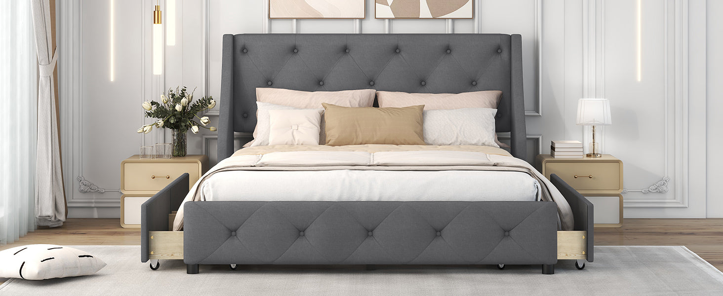 Upholstered Platform Bed With Wingback Tufted Headboard And 4 Drawers, No Box Spring Needed, Linen Fabric, Queen Size Gray Gray Linen