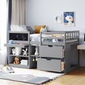 Twin Size Low Loft Bed With Rolling Desk, Shelf And Drawers Gray Gray Solid Wood